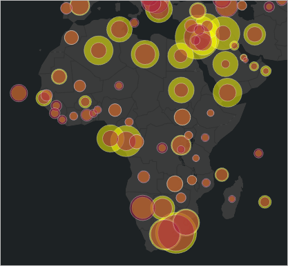 Africa with a yellow and a red circle over most countries