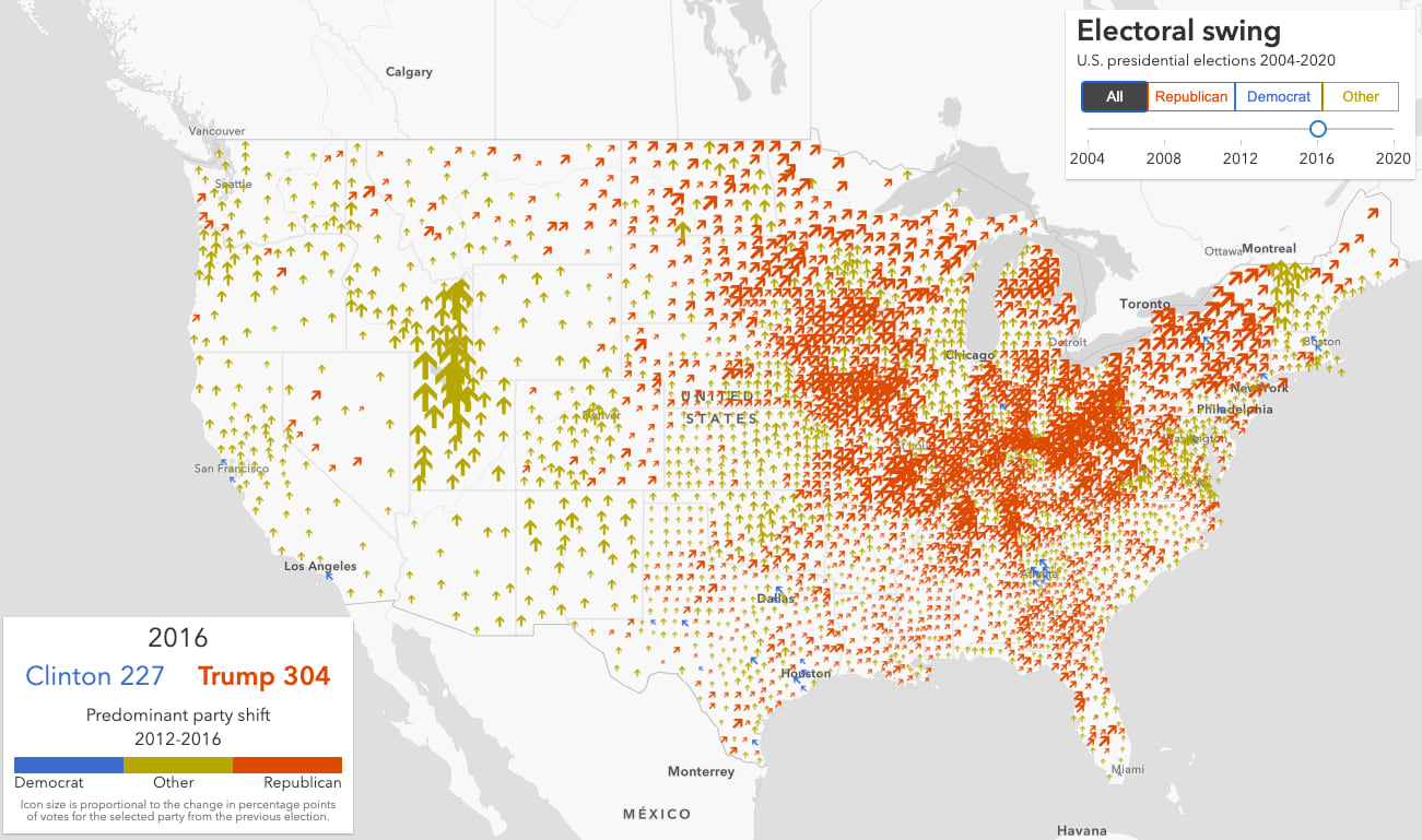 Predominant electoral shift in votes for U.S. president from 2012-2016. Many counties swung more to third party candidates than to Democrats.