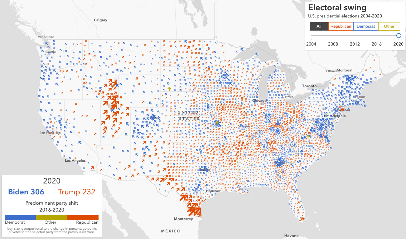 Predominant electoral shift in votes for U.S. president from 2016-2020.