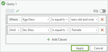 The Apply button on the definition query builder with two completed clauses