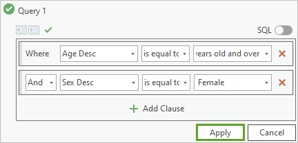 The Apply button on the definition query builder with two completed clauses The Apply button on the definition query builder with two completed clauses