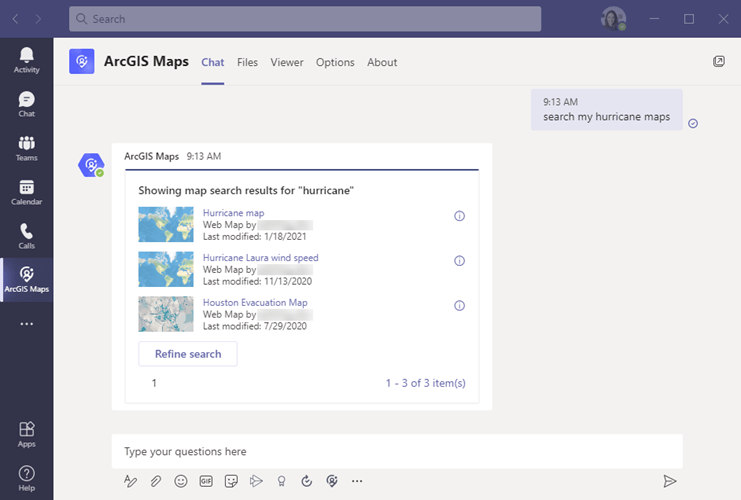 Search results in the Chat tab of ArcGIS for Teams