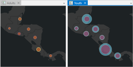 The Central America region on both maps, with larger circles on the youth map The Central America region on both maps, with larger circles on the youth map