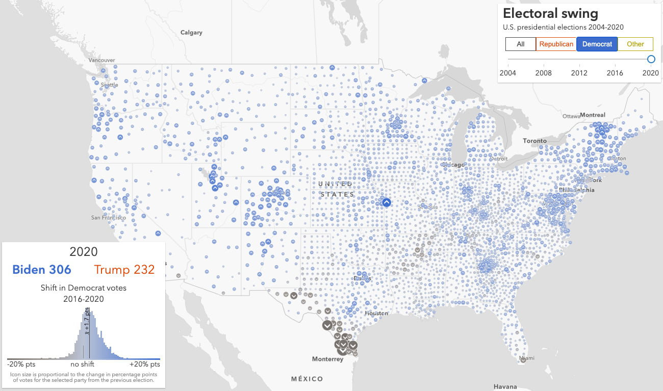 Shift in votes for the Democratic nominee for U.S. president 2016-2020.