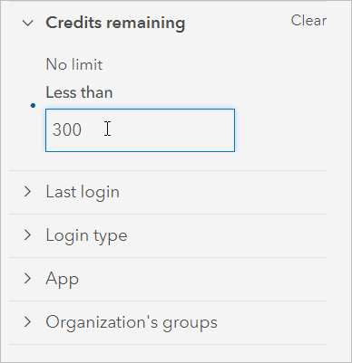 Credits remaining filter expanded with Less than 300 entered