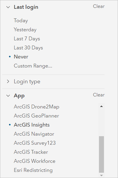 Filters pane showing Last login filter expanded with Never selected and App filter expanded with ArcGIS Insights selected