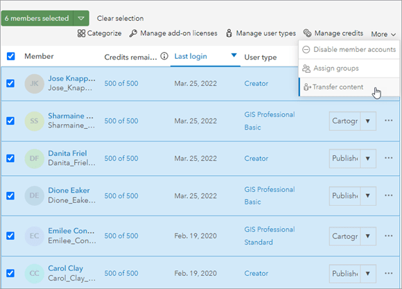 Members list showing 4 members 6 interns selected with the More menu expanded and the Transfer content option indicated Members list showing 4 members 6 interns selected with the More menu expanded and the Transfer content option indicated