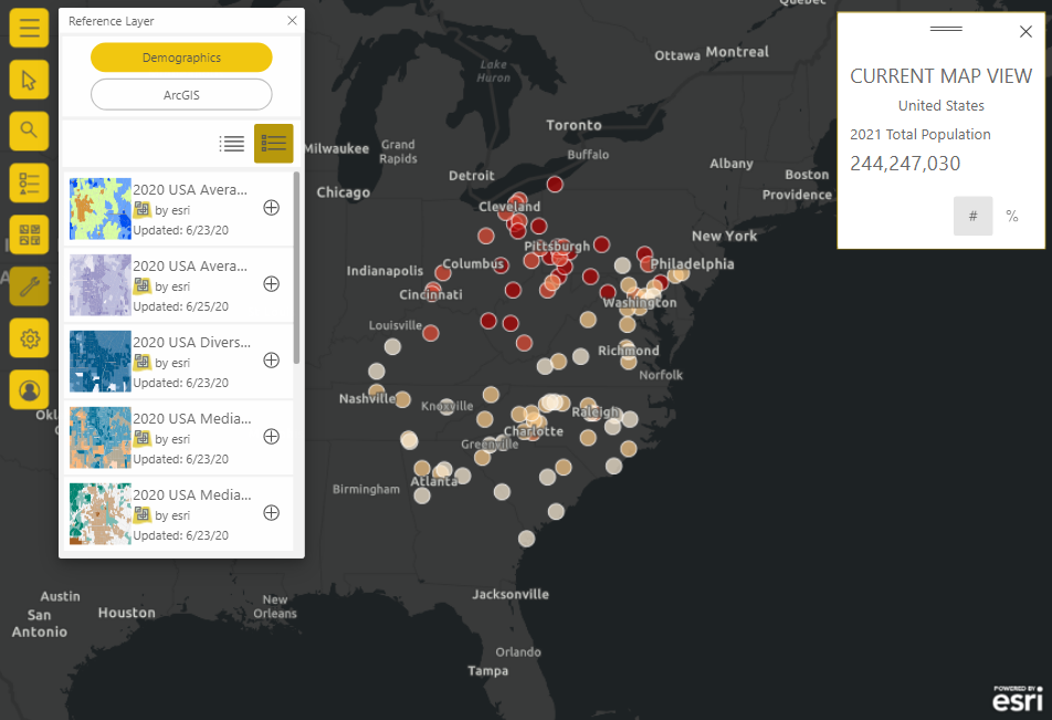 A large map showing points on the map, the reference layer gallery, and infographics card