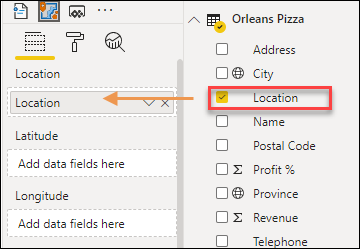 Drag the Location field into the Location field well in Power BI Drag the Location field into the Location field well in Power BI