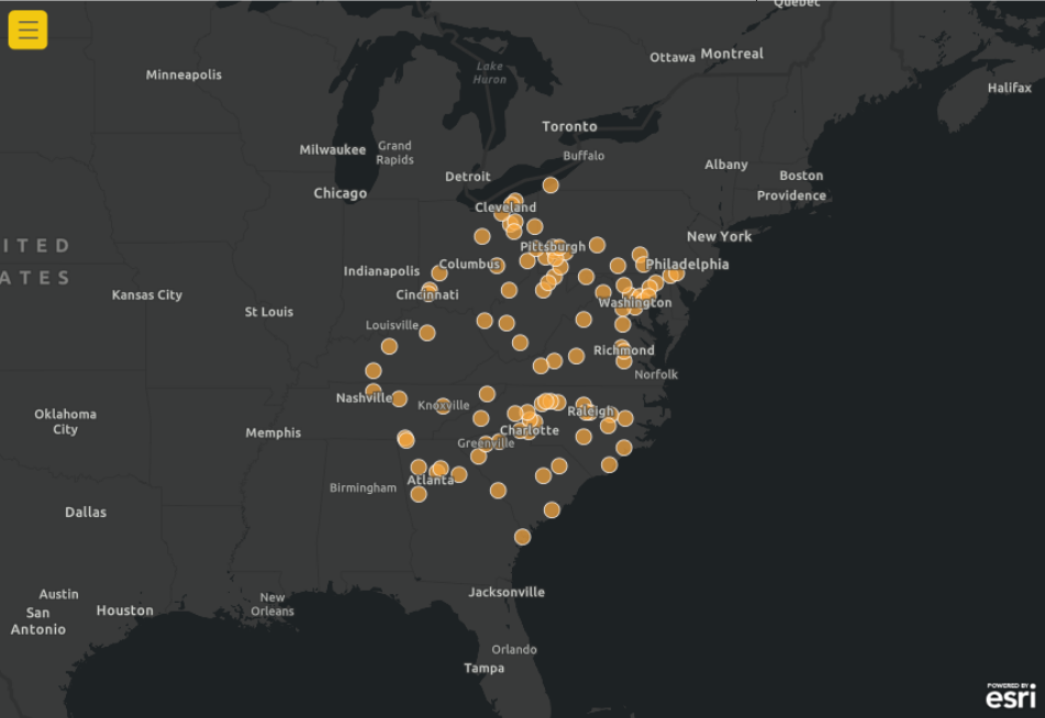 Points on a dark gray basemap