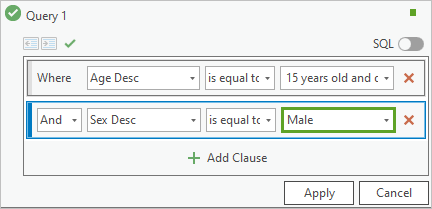 Second clause edited to And Sex Desc is equal to Male