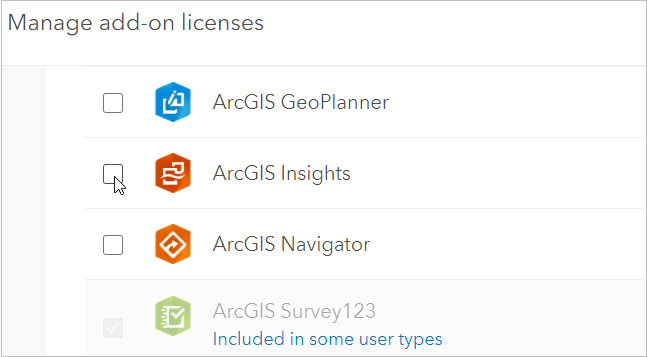 Manage add-on licenses window with ArcGIS Insights deselected