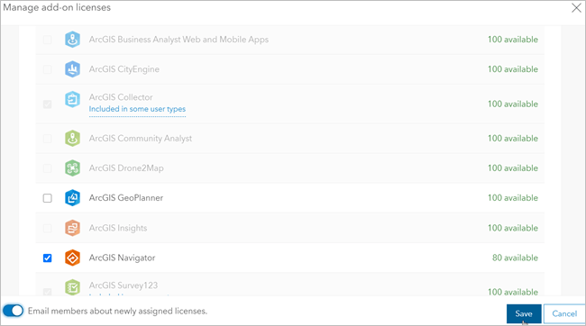 Alt: Manage add-on licenses window with ArcGIS Navigator selected