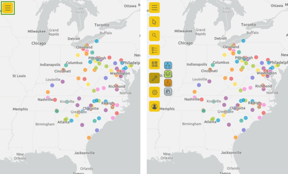 A map with map tools collapsed, next to a map with map tools expanded