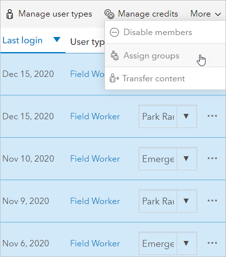 Members list with More menu expanded and Assign groups option highlighted