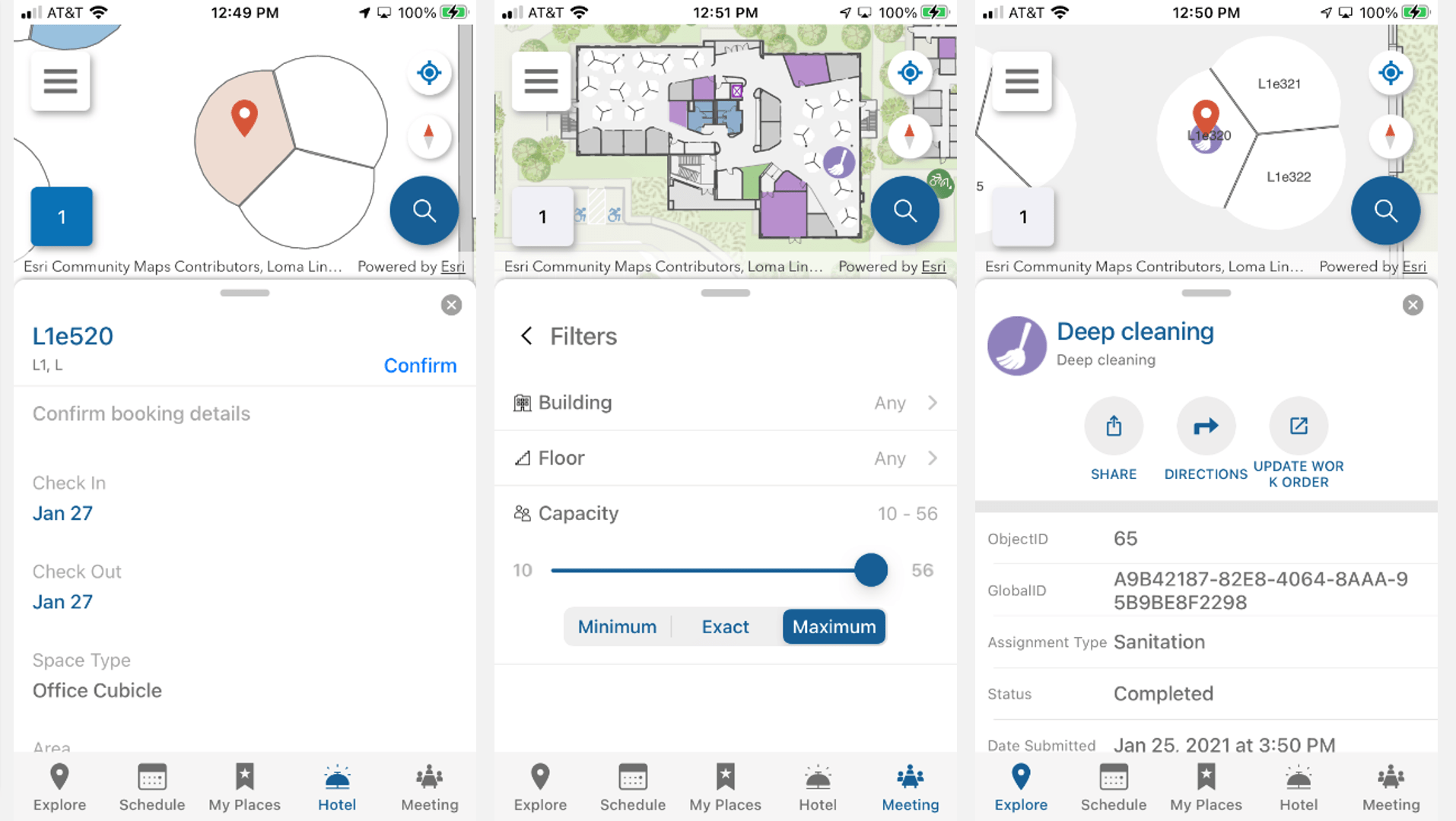 mobile interfaces showing space reservations and service requests