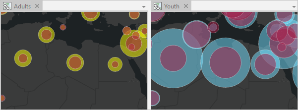 North Africa shown on both maps, with larger circles on the youth map North Africa shown on both maps, with larger circles on the youth map