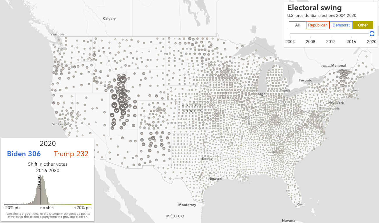 Shift in votes for the Republican nominee for U.S. president 2016-2020. Third party votes decreased in almost every county.