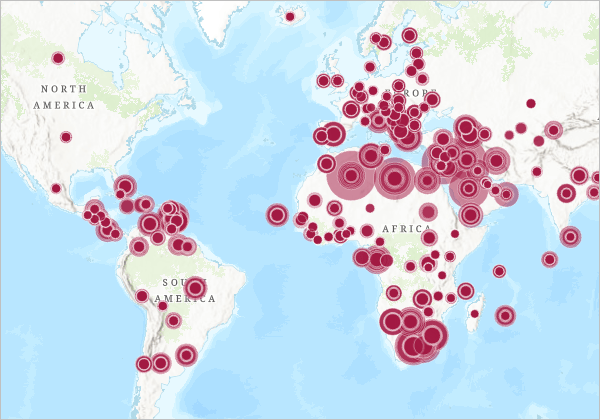 Map with concentric red circles of different sizes and some small gray circles