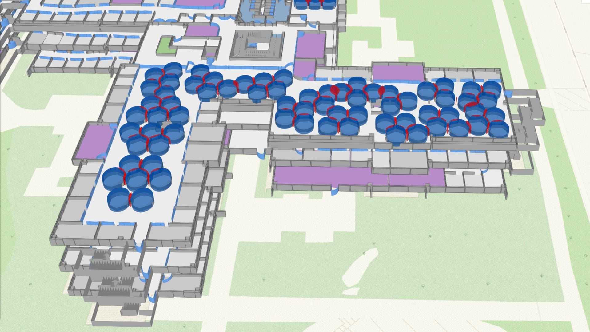 3D indoor map showing social distance analysis of open office space types