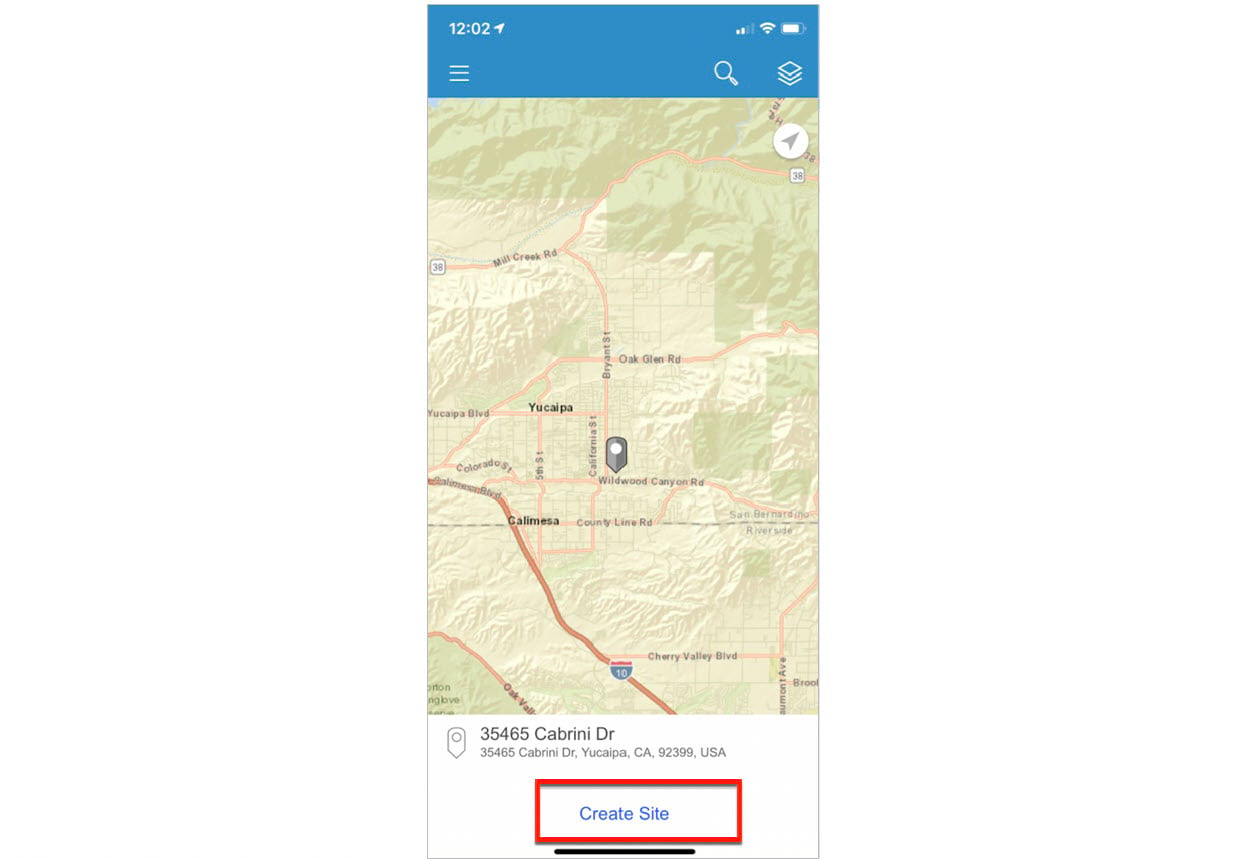 Create Site button in BA Mobile App