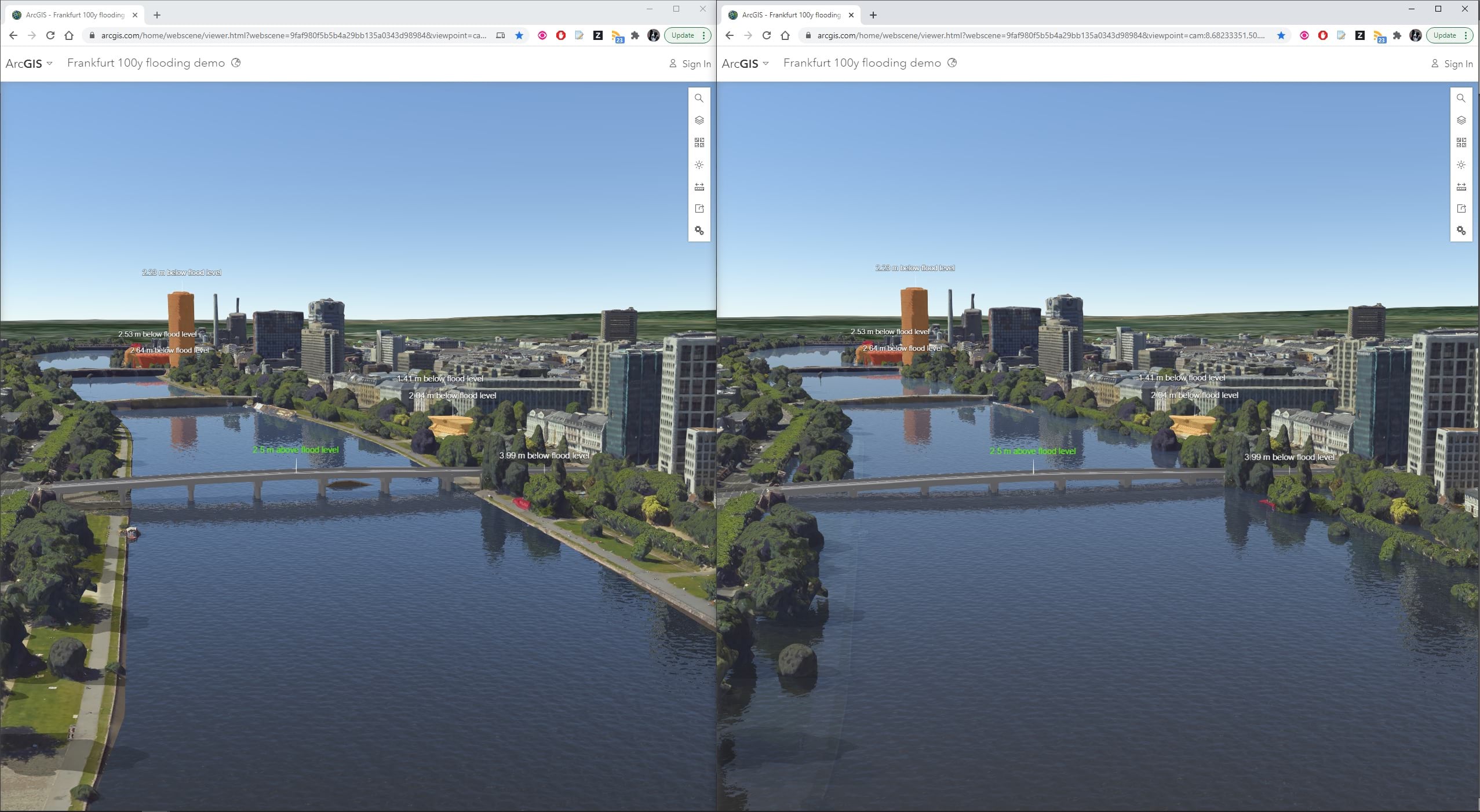 Comparison of normal and 100 year flood conditions using Frankfurt mesh from Aerowest and SURE for ArcGIS Comparison of normal and 100 year flood conditions using Frankfurt mesh from Aerowest and SURE for ArcGIS