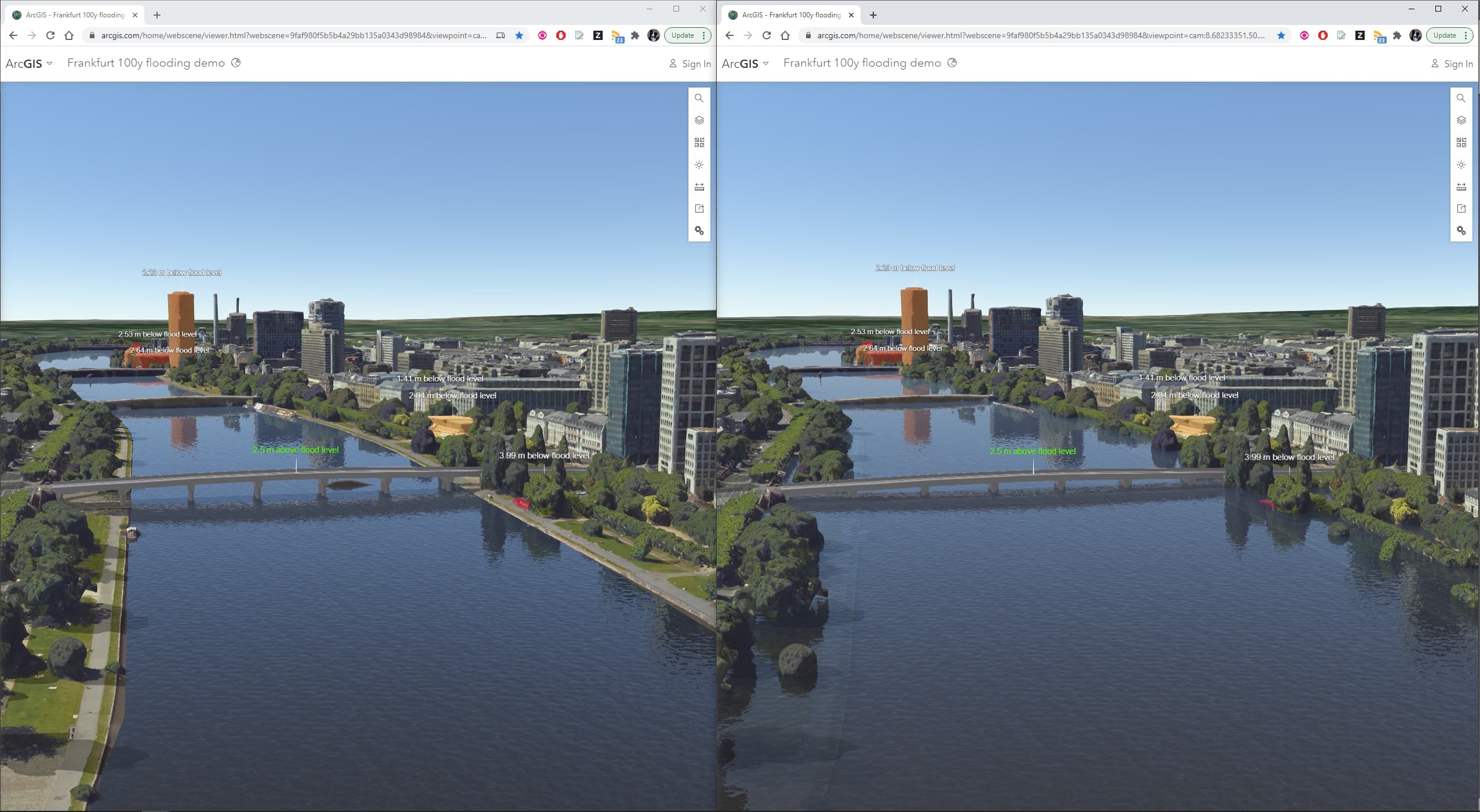 Comparison of normal and 100 year flood conditions using Frankfurt mesh from Aerowest and SURE for ArcGIS