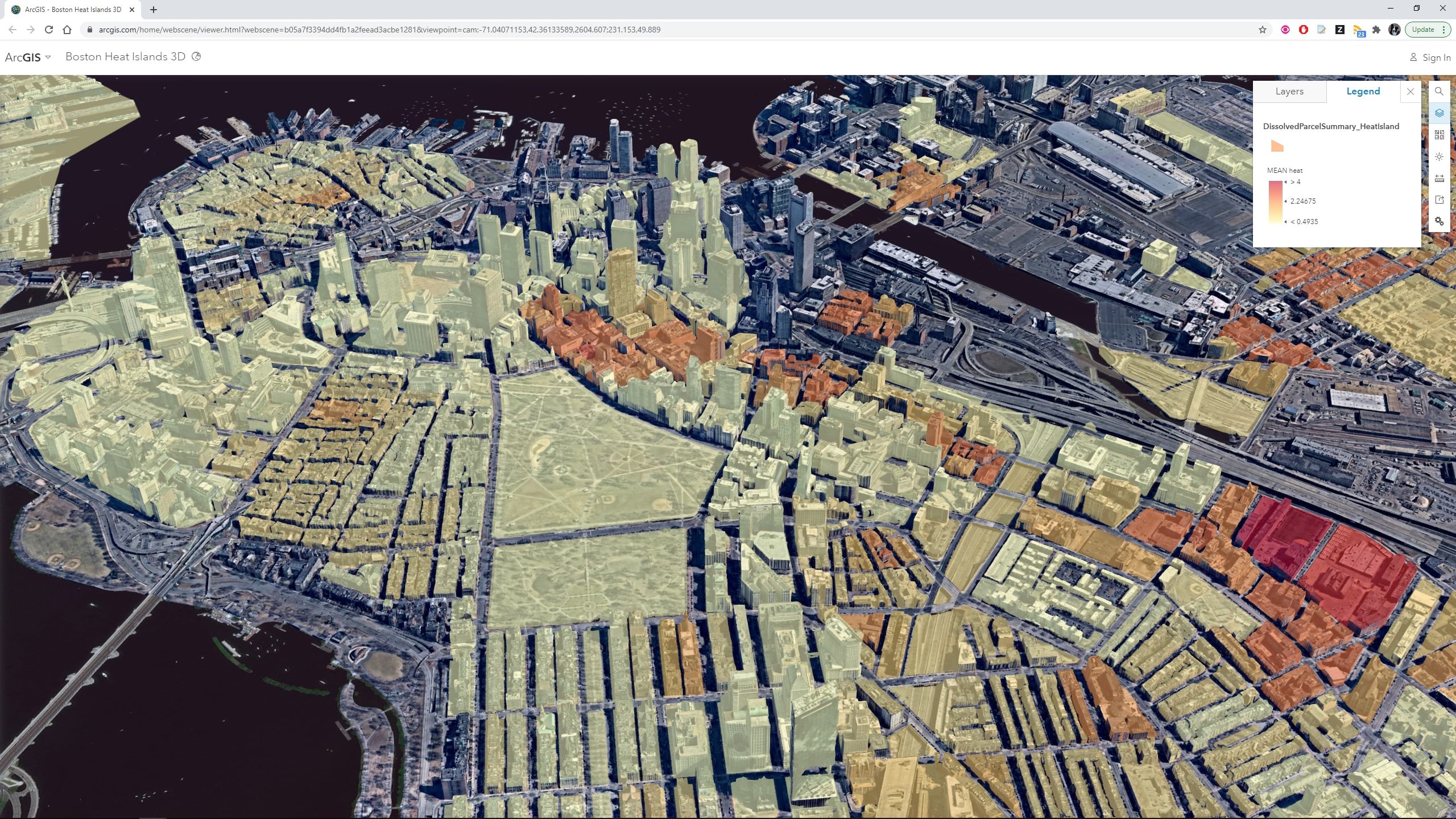 Urban heat analysis in Boston showing Nearmap I3S mesh