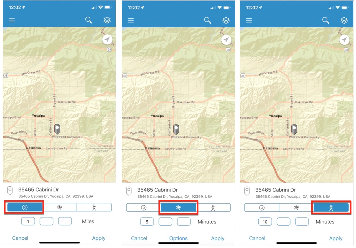 Ring, drive time, and walk time options