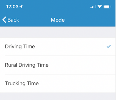 Mode in Drive Time Options