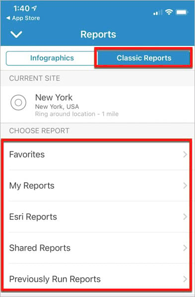 Classic Reports tab in BA Mobile App