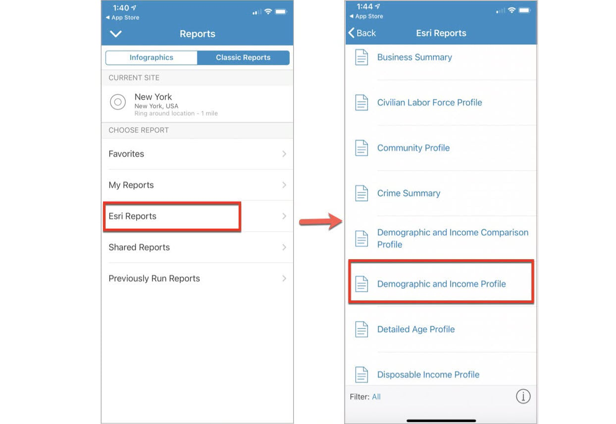 Choosing a report in BA Mobile App