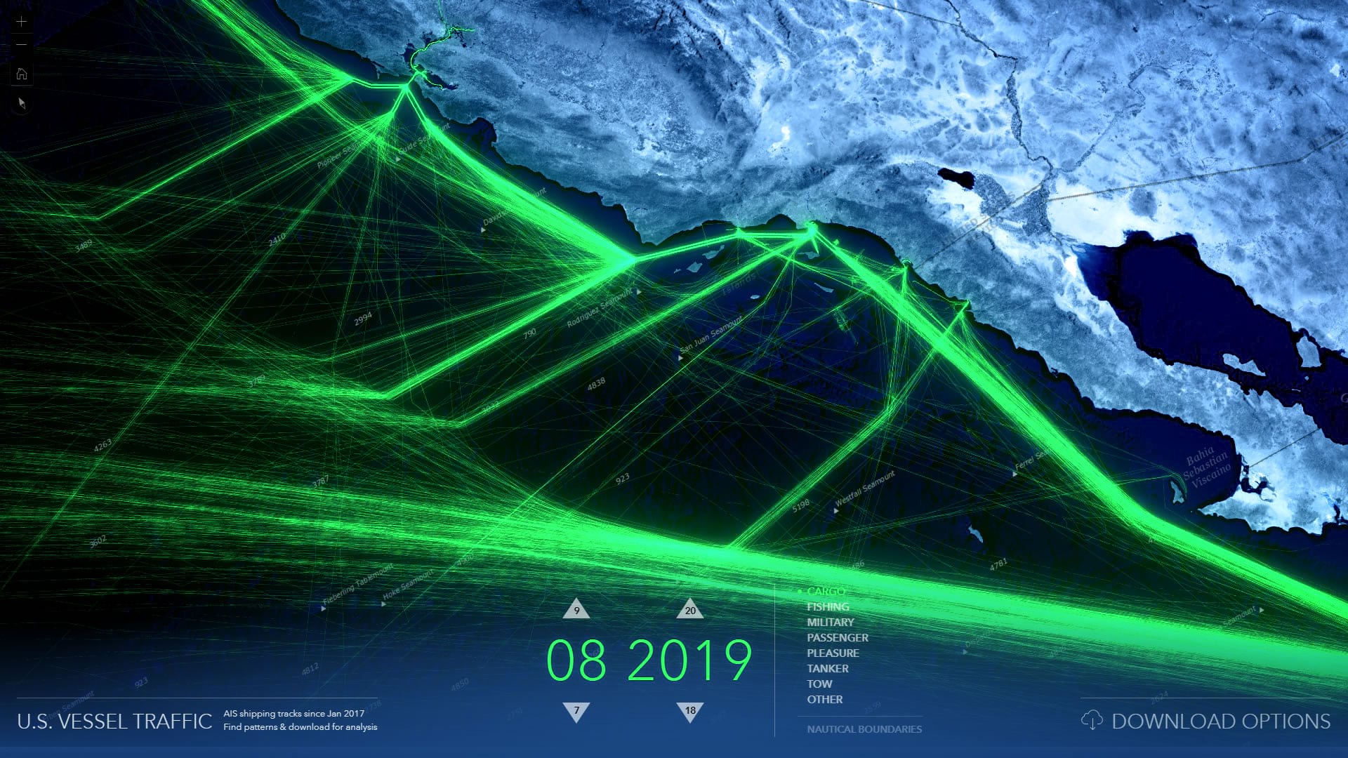 Cargo traffic along the West Coast of the United States and Mexico. Cargo traffic along the West Coast of the United States and Mexico.