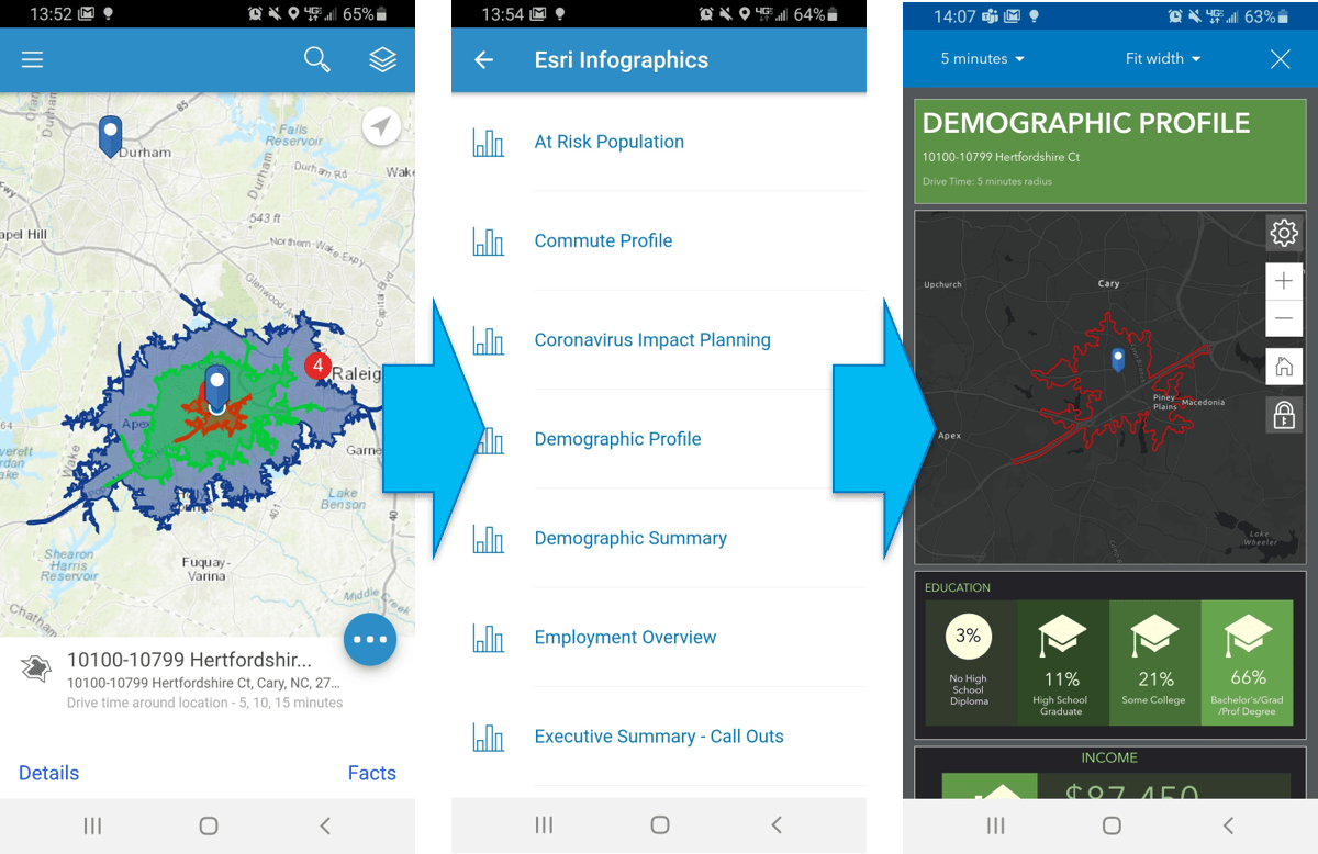 Create drive time areas and generate infographics on the Business Analyst Mobile App