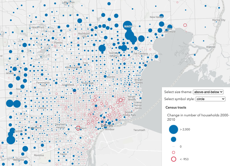 Change in the number of households by Census tract in Detroit. Solid blue circles show areas that had an increase in households; hollow red circles show areas that experienced a decline in the number of households.