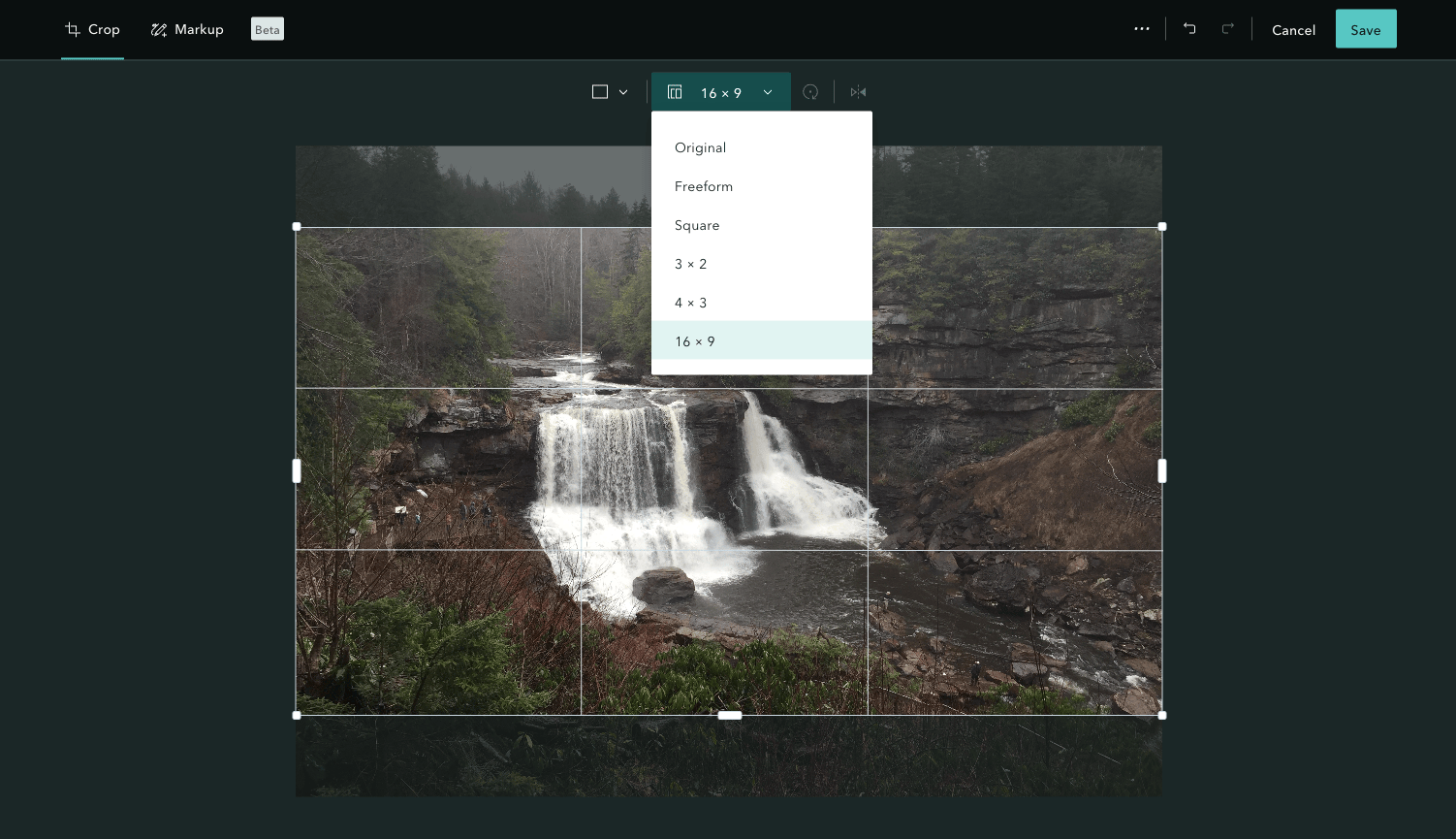 A screenshot of the image editor in ArcGIS StoryMaps open to the Crop tab A screenshot of the image editor in ArcGIS StoryMaps open to the Crop tab