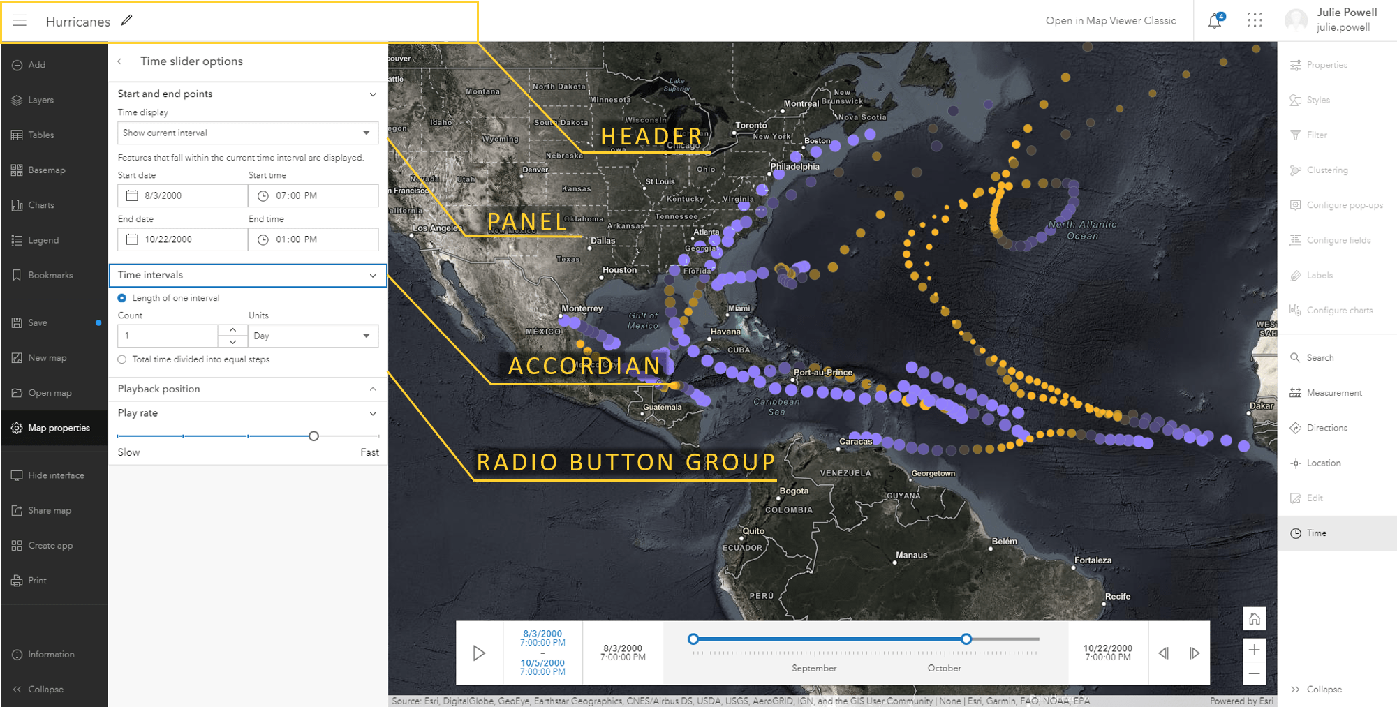 Screenshot of MapViewer highlighting Calcite's components including a panel, accordion, and radio button group. Screenshot of MapViewer highlighting Calcite's components including a panel, accordion, and radio button group.