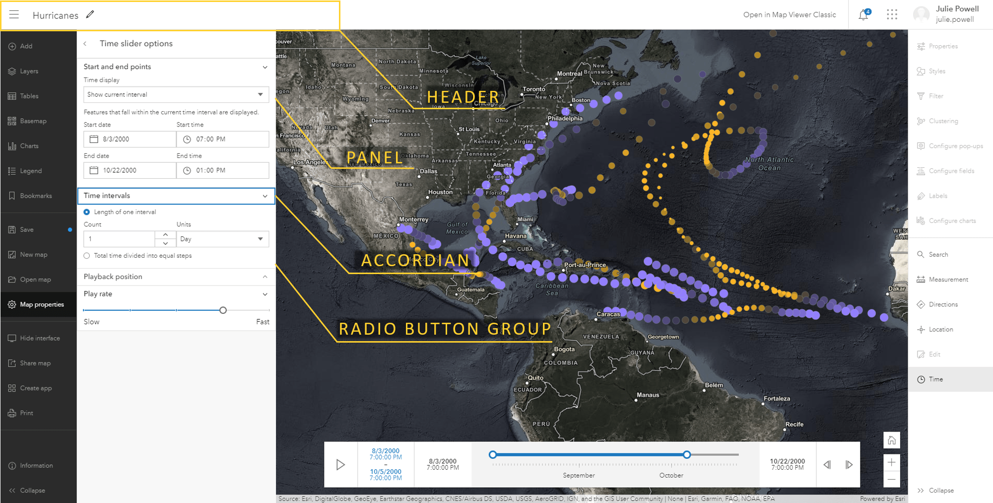 Screenshot of MapViewer highlighting Calcite's components including a panel, accordion, and radio button group.