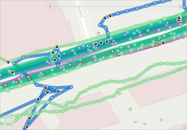 Point track data represented on a map with symbols showing turn events Point track data represented on a map with symbols showing turn events