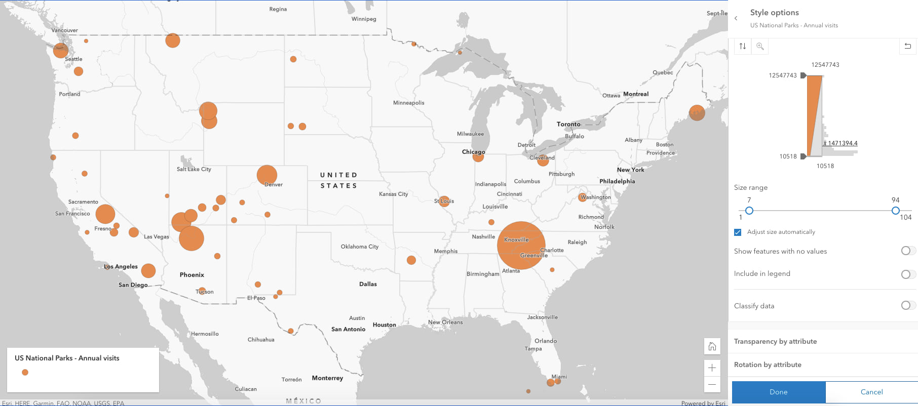 Total visits to U.S. national parks in 2019 mapped in Map Viewer beta. This suggested default works well because the data is skewed to the right, making the size variation subtle, but effective. It properly emphasizes parks that had a lot of visits.