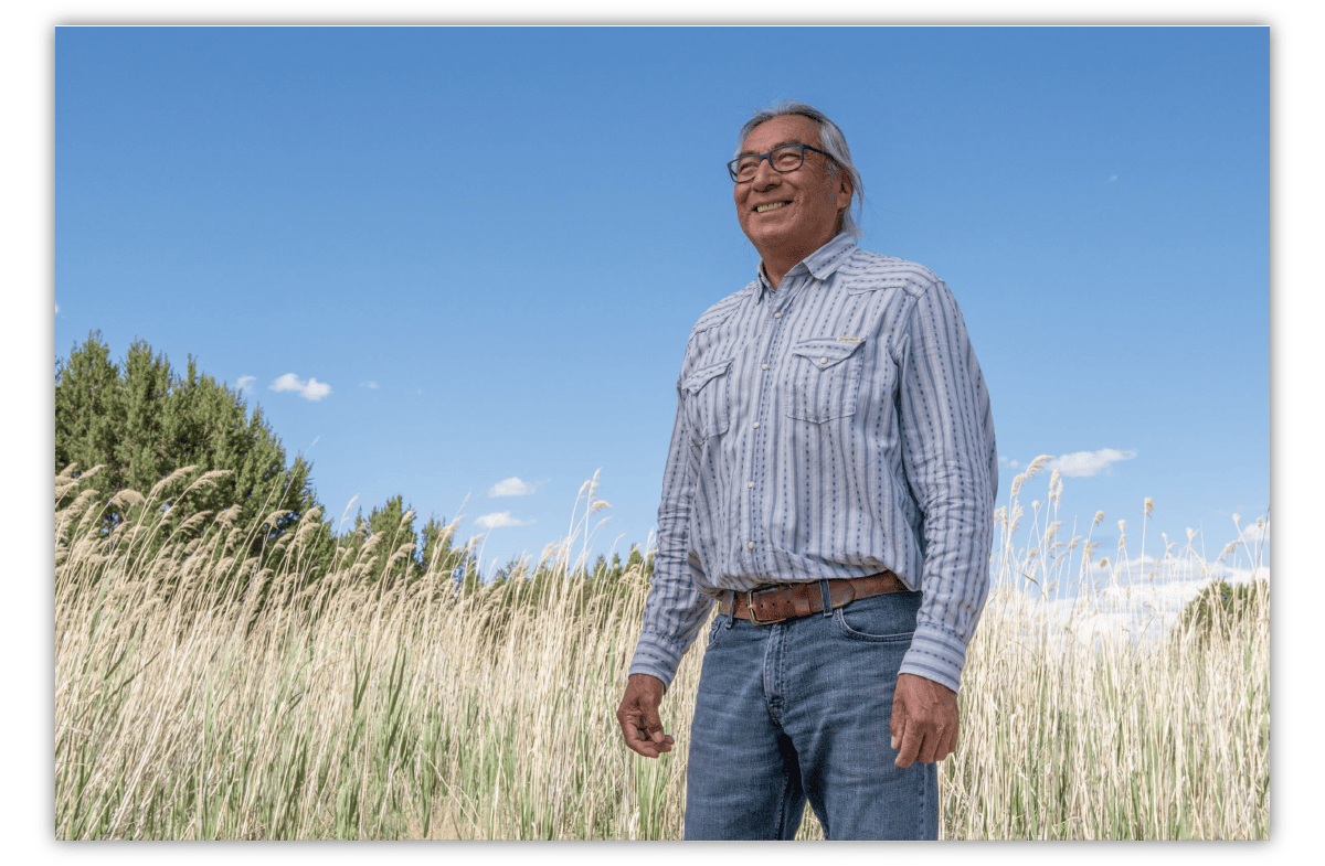 A man is seen from the waist up standing in a grass field on a blue-skied day A man is seen from the waist up standing in a grass field on a blue-skied day
