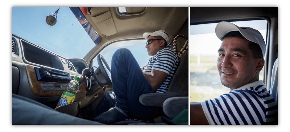 Two side-by-side images of a driver in his car, one from a low angle showing his full body and some of the car interior, the other a close up of his fave Two side-by-side images of a driver in his car, one from a low angle showing his full body and some of the car interior, the other a close up of his fave