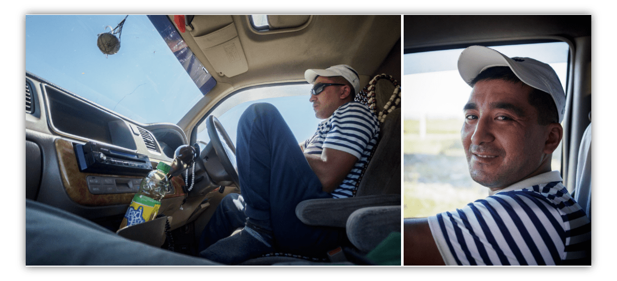 Two side-by-side images of a driver in his car, one from a low angle showing his full body and some of the car interior, the other a close up of his fave