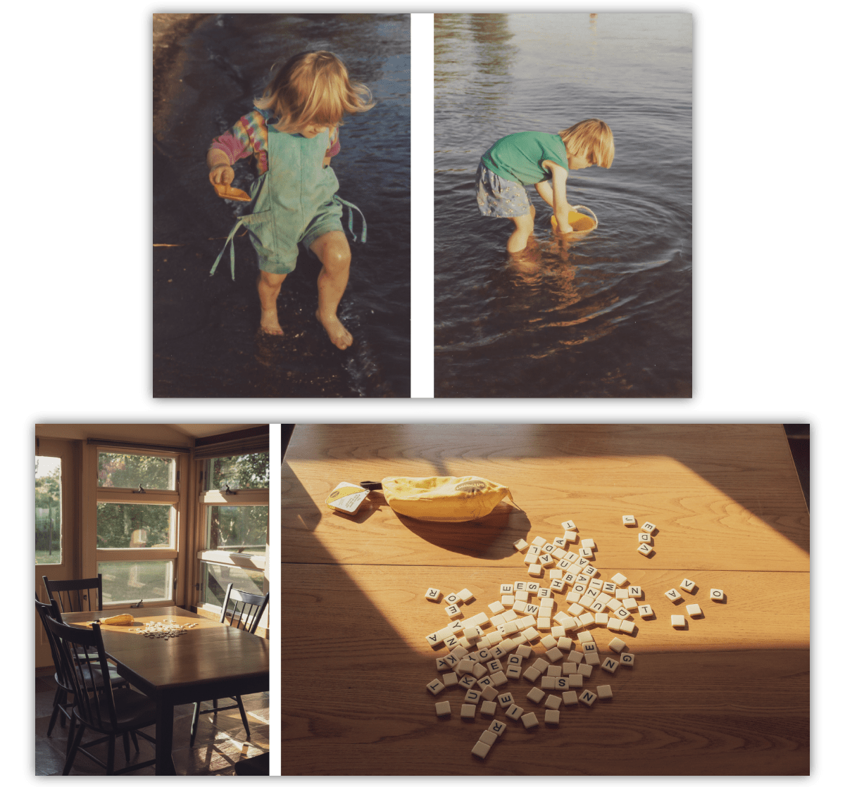 Two sets of photos, the first a pair of film photos of children in a lake, the second a pair of. photos showing a board game on a table Two sets of photos, the first a pair of film photos of children in a lake, the second a pair of. photos showing a board game on a table