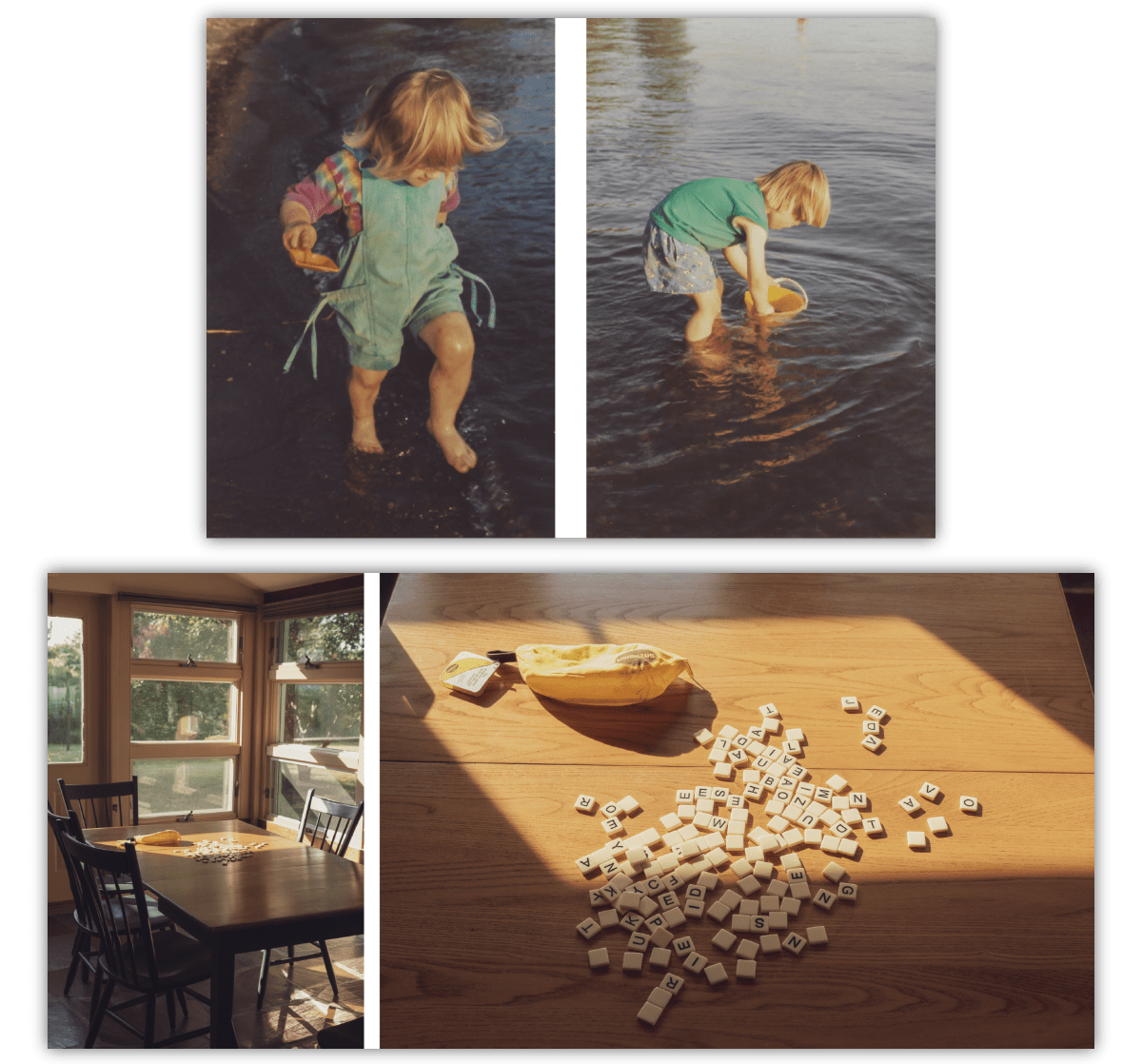 Two sets of photos, the first a pair of film photos of children in a lake, the second a pair of. photos showing a board game on a table