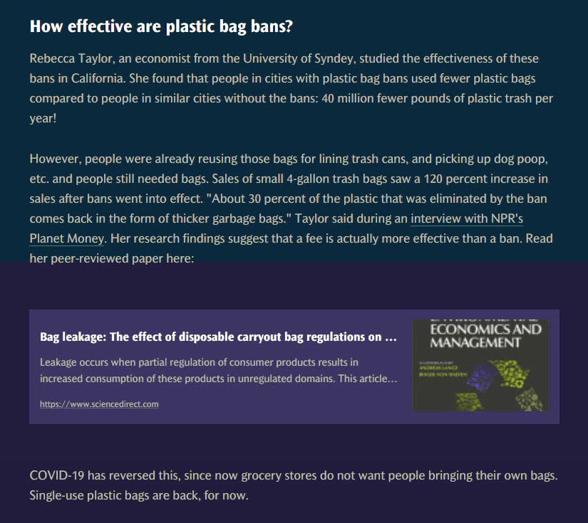 Two paragraphs all about a particular study. Embed card has a title "Bag leakage: The effect of disposal carryout bag regulations on ..." then a description blurb and link to https://www.sciencedirect.com. Thumbnail is a journal for Economics and Management. Two paragraphs all about a particular study. Embed card has a title "Bag leakage: The effect of disposal carryout bag regulations on ..." then a description blurb and link to https://www.sciencedirect.com. Thumbnail is a journal for Economics and Management.