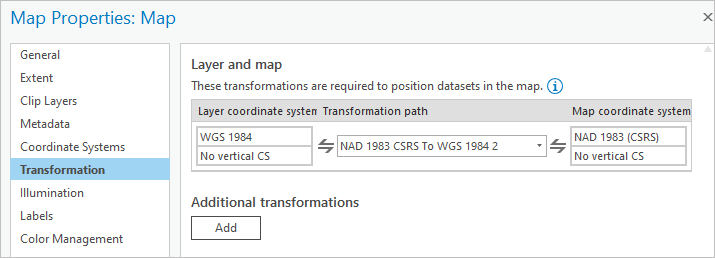 Transformations in the Map Properties window