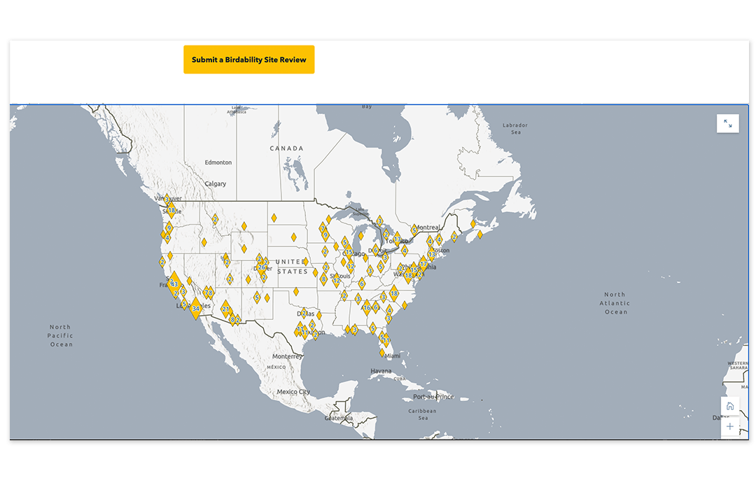 A map of the United States is populated with multiple yellow diamonds. Each represent a Birdability Review of an outdoor location. Above the Map is a button that says "Submit a Birdability Review"
