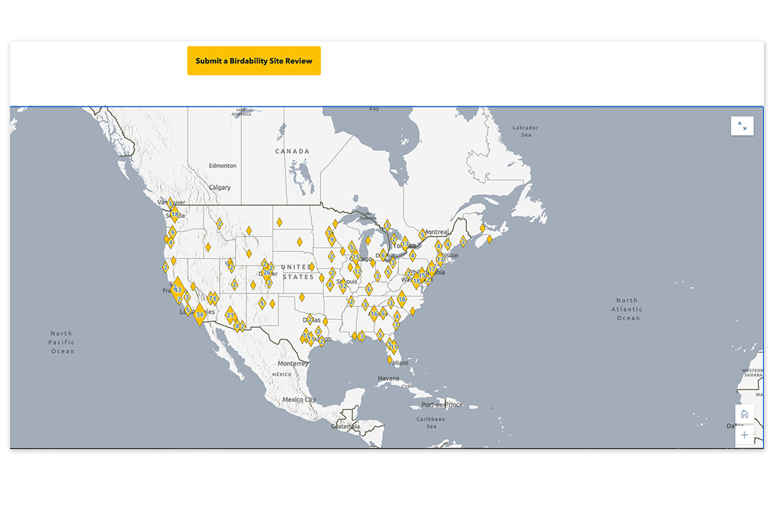 A map of the United States is populated with multiple yellow diamonds. Each represent a Birdability Review of an outdoor location. Above the Map is a button that says "Submit a Birdability Review" A map of the United States is populated with multiple yellow diamonds. Each represent a Birdability Review of an outdoor location. Above the Map is a button that says "Submit a Birdability Review"