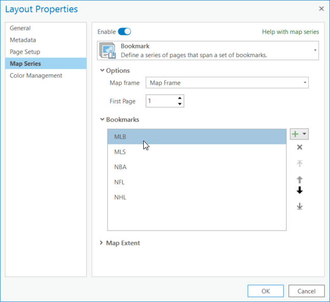 The Layout Properties window showing the bookmark map series options.